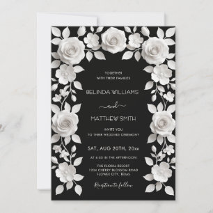 Black And White Faux Relief Roses Frame Wedding Invitation