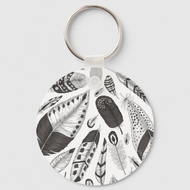 Black and white feathers pattern keychain (Front)