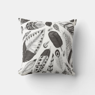 Black and white feathers pattern throw pillow