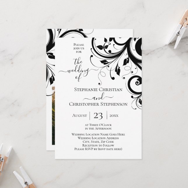 Black and White Festive Swirl Photo on Back Invitation (Front/Back In Situ)