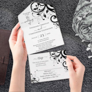 Black and White Festive Swirl Script All In One In Invitation