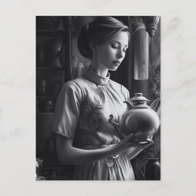 Black and White Film Noir Woman Kitchen Tea Postcard (Front)