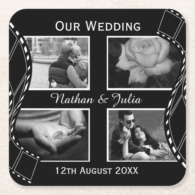 Black and White Film Reel Custom Photo Square Paper Coaster (Front)