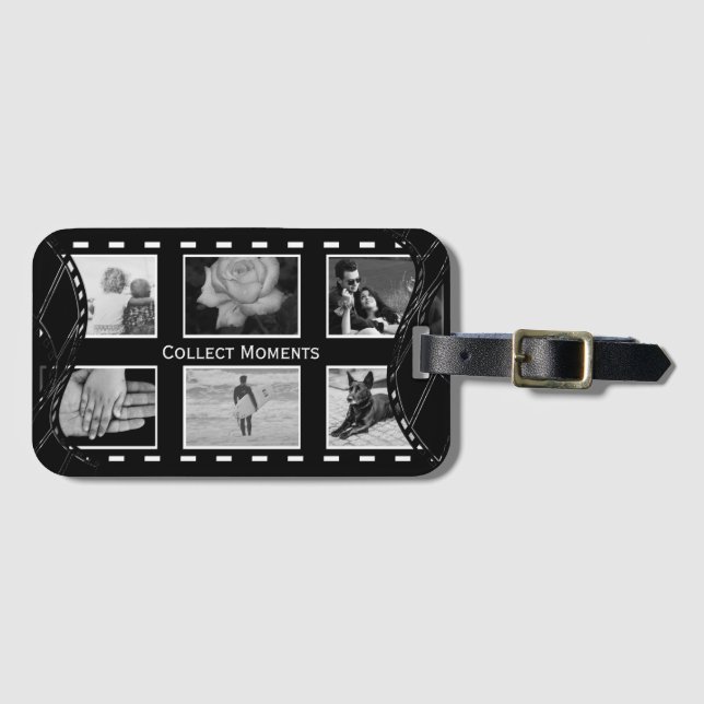 Black and White Film Reel Luggage Tag (Front Horizontal)