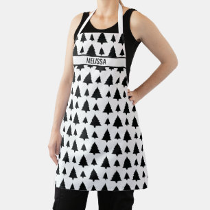 Black And White Fir Christmas Tree Pattern & Text Apron