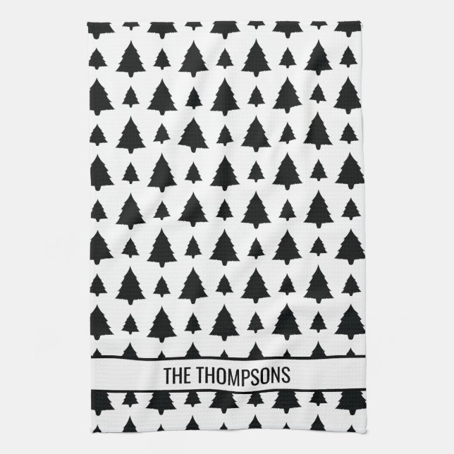 Black And White Fir Christmas Tree Pattern & Text Kitchen Towel (Vertical)