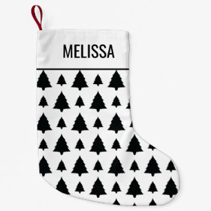 Black And White Fir Christmas Tree Pattern & Text Small Christmas Stocking