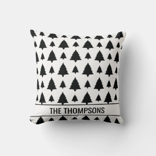 Black And White Fir Christmas Tree Pattern & Text Throw Pillow