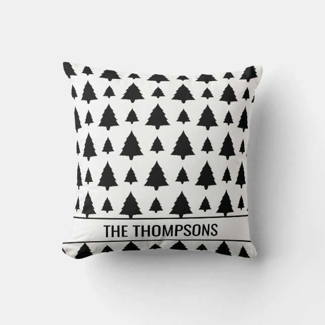 Black And White Fir Christmas Tree Pattern & Text Throw Pillow (Front)