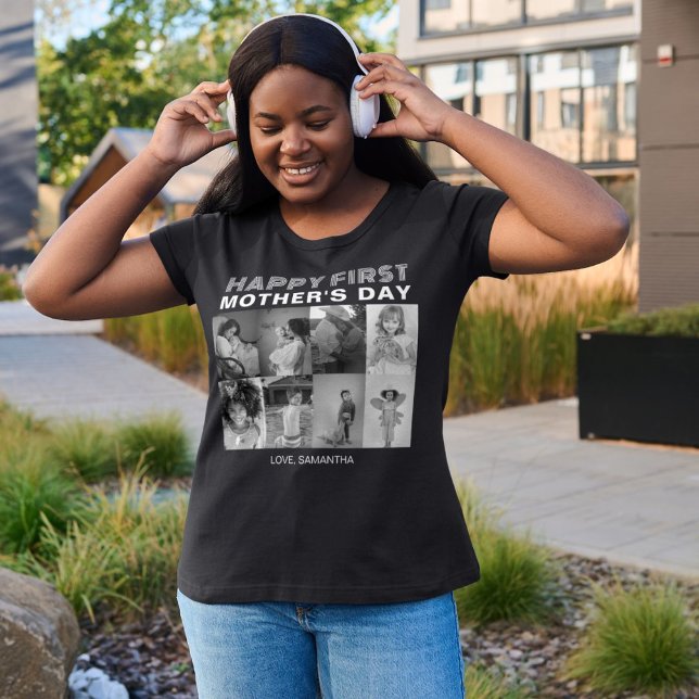 Black and White First Mother Day Photo Collage  T-Shirt (Creator Uploaded)