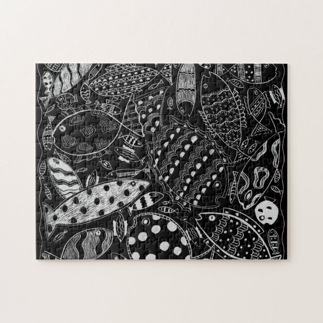 Black And White Fish Pattern Modern Art Jigsaw Puzzle (Horizontal)