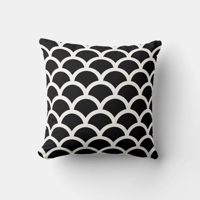 Black and White Fish Scale Mermaid Pattern Throw Pillow (Front)