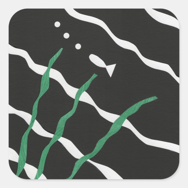Black and White Fish with bubbles and seaweed Square Sticker (Front)