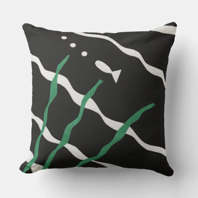 Black and White Fish with bubbles and seaweed Throw Pillow (Front)