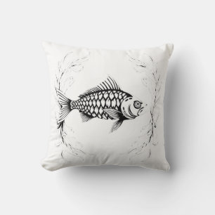 Black and White Fish with Ornamental Frame Throw Pillow