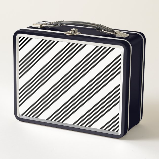 Black and white five stripe pattern metal lunch box (Front)