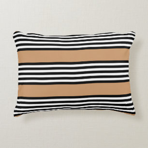 Black and white five stripe pattern with tan accent pillow