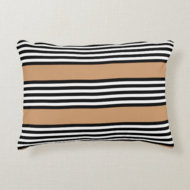 Black and white five stripe pattern with tan accent pillow (Front)