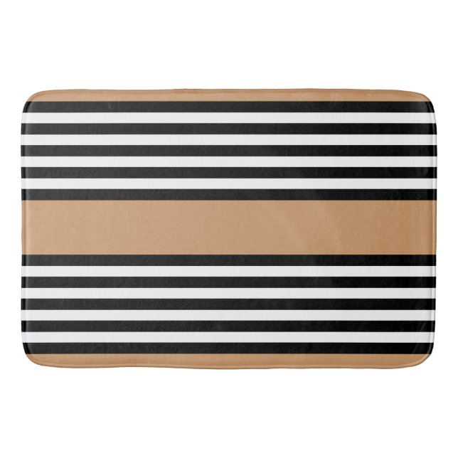 Black and white five stripe pattern with tan bath mat (Front)