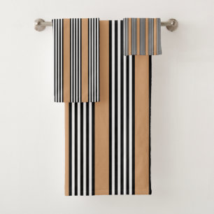 Black and white five stripe pattern with tan bath towel set