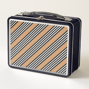 Black and white five stripe pattern with tan metal lunch box