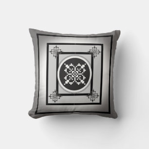 Black and white Five Suns folk art design  Throw Pillow