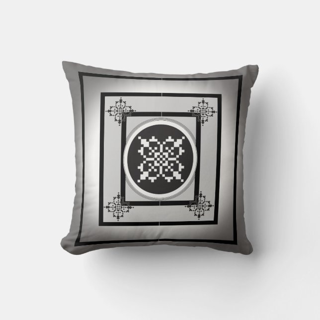 Black and white Five Suns folk art design  Throw Pillow (Front)