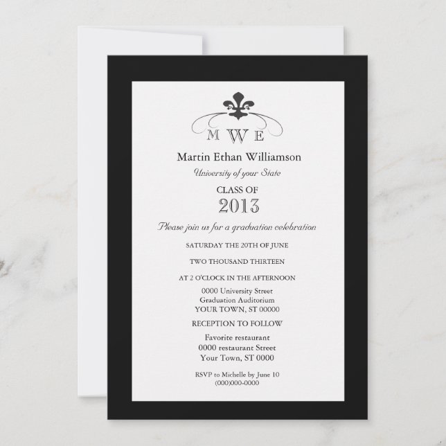 Black and White Fleur de Lis Formal Graduation Invitation (Front)