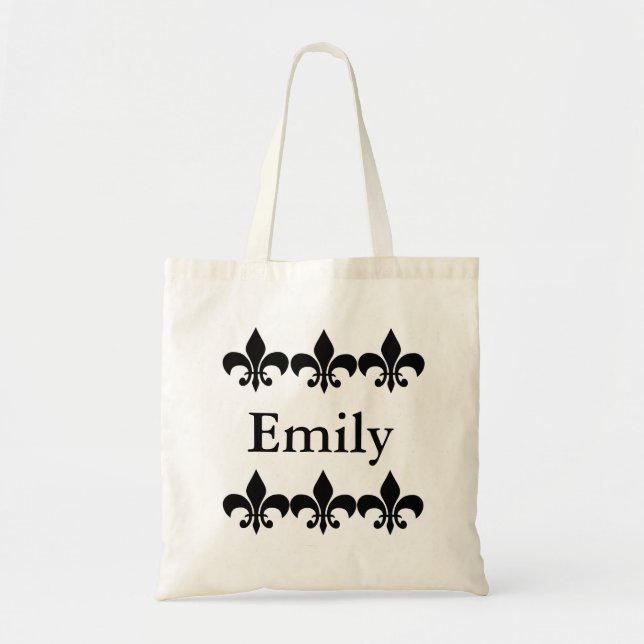 Black and White Fleur De Lis Personalized Tote Bag (Front)