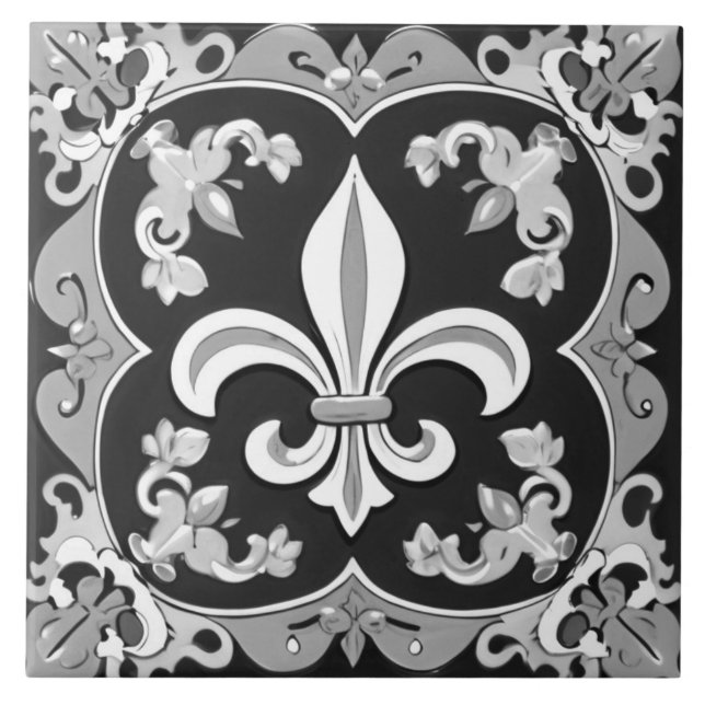 Black and White Fleur de Lis Tile Ceramic (Front)