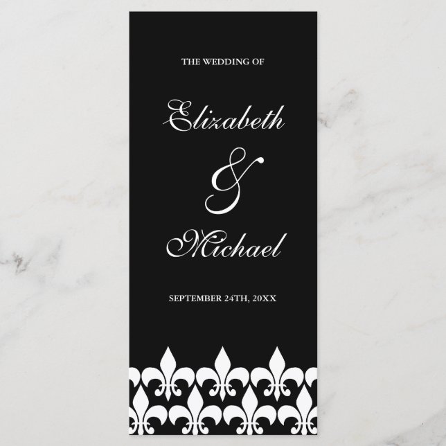 Black and White Fleur de Lis Wedding Program (Front)