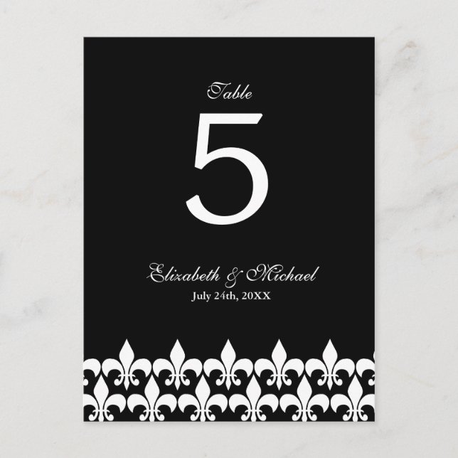 Black and White Fleur de Lis Wedding Table Number Postcard (Front)