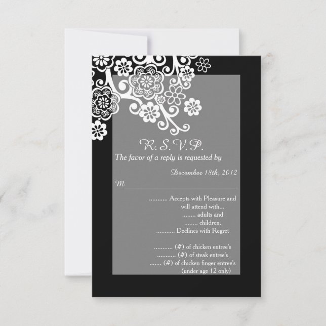 Black and White Floral 3.5x5 R.S.V.P. Reply Card (Front)