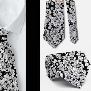 Black and White Floral Abstract Flower Pattern Tie