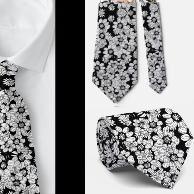 Black and White Floral Abstract Flower Pattern Tie (Creator Uploaded)