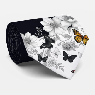 Black and White Floral and butterflies Tie