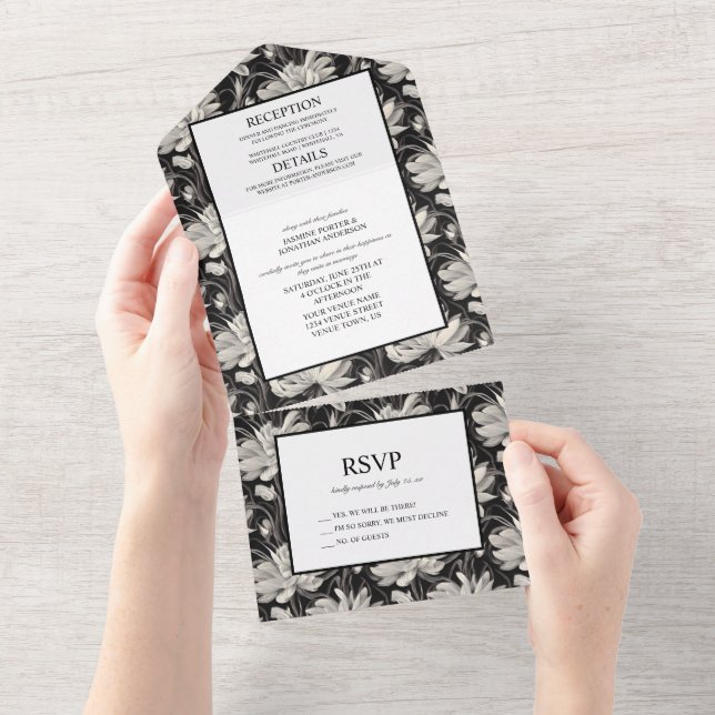 Black and White Floral and Feathers Wedding All In One Invitation (Tearaway)