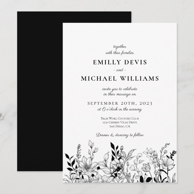 Black and White Floral Art Wedding Invitation (Front/Back)