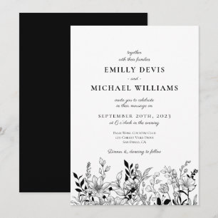 Black and White Floral Art Wedding Invitation
