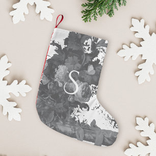 Black and White Floral Artistic Personalized Small Christmas Stocking