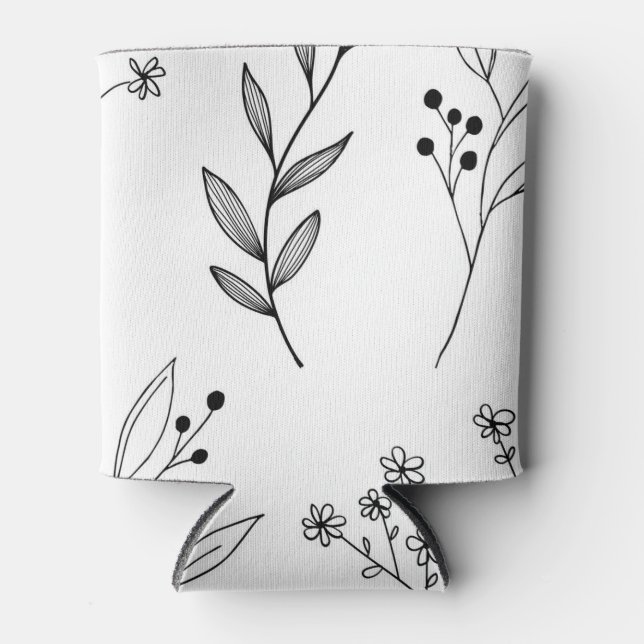 Black and White Floral Boho Wedding Can Cooler (Front)