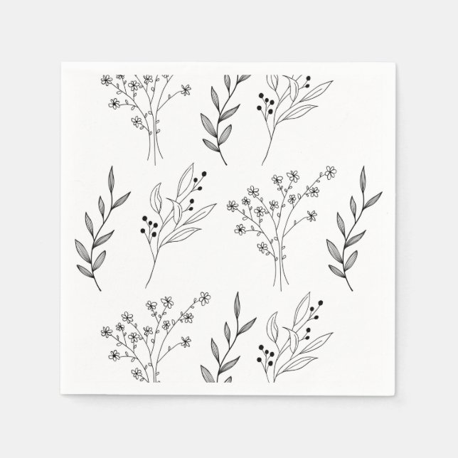 Black and White Floral Boho Wedding Napkin (Front)