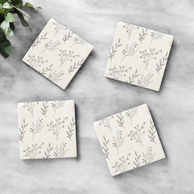 Black and White Floral Boho Wedding Stone Coaster (Creator Uploaded)
