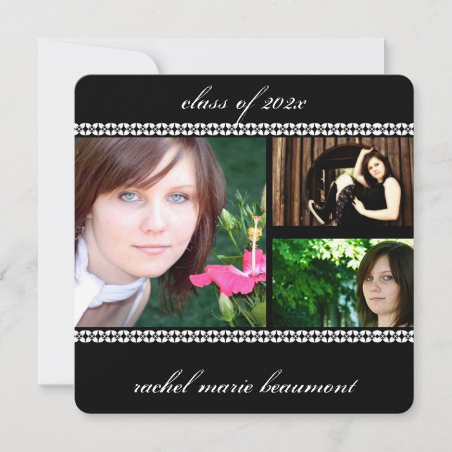 Black and White Floral Border Photo Graduation Invitation (Front)