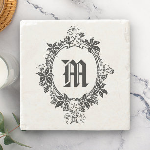 Black and White Floral Border with Monogram Stone Coaster