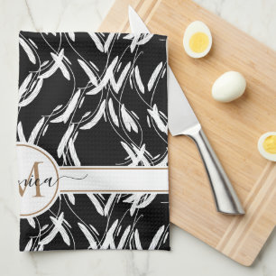 Black and White Floral Botanical Gold Monogrammed Kitchen Towel