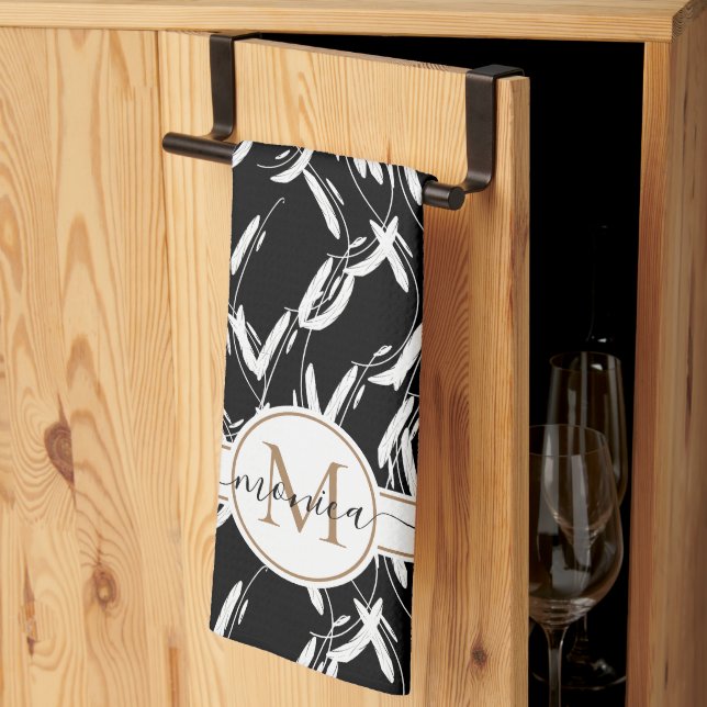 Black and White Floral Botanical Gold Monogrammed Kitchen Towel (Thirds Fold)