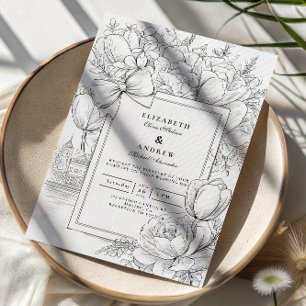 Black and White Floral Bow Wedding Invitation