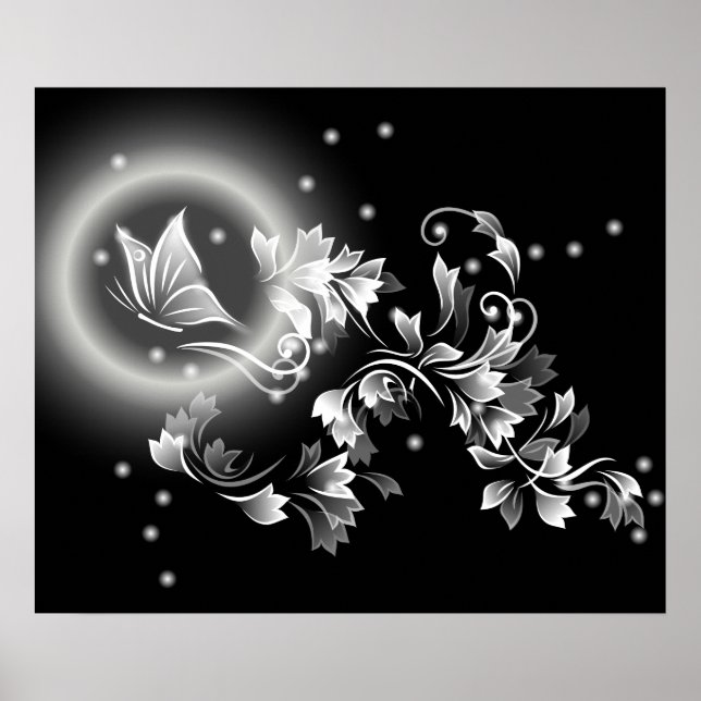 Black And White Floral Butterfly Fantasy Poster (Front)