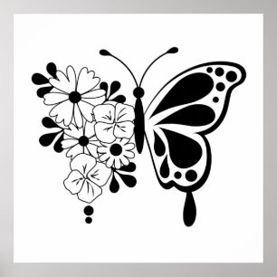 Black and White Floral Butterfly Poster